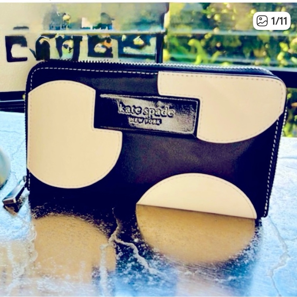 Kate Spade Black and White polkadot Wallet with silky lime green interior - EUC